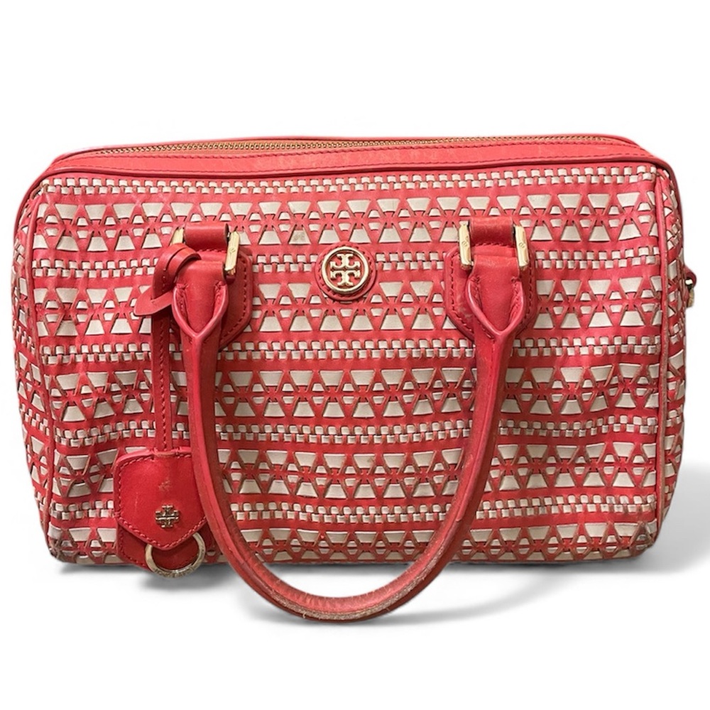 TORY BURCH ROBINSON WOVEN LEATHER PURSE CORAL/DULCE LECHE
